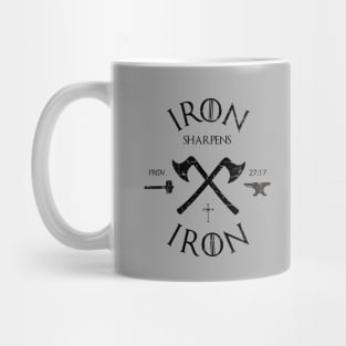 Iron sharpens iron from Proverbs 27:17 black text Mug